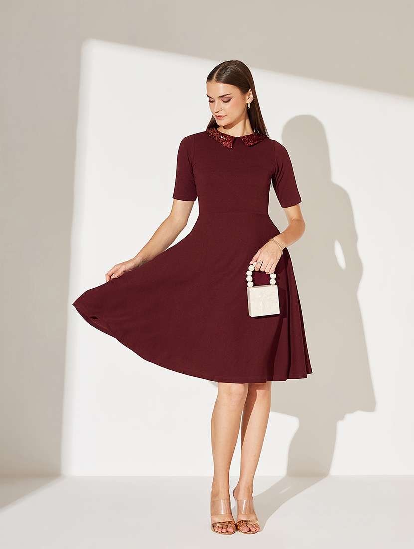 women solid short sleeve collared fit & flare dress - 22363863 -  Standard Image - 4