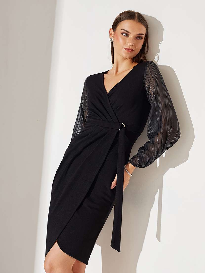 women solid puff sleeve wrap dress - 22363868 -  Standard Image - 4
