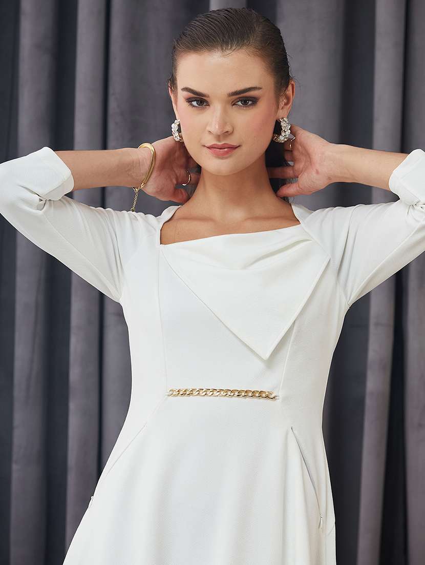 women solid three quarter sleeve fit & flare dress - 22363880 -  Standard Image - 1