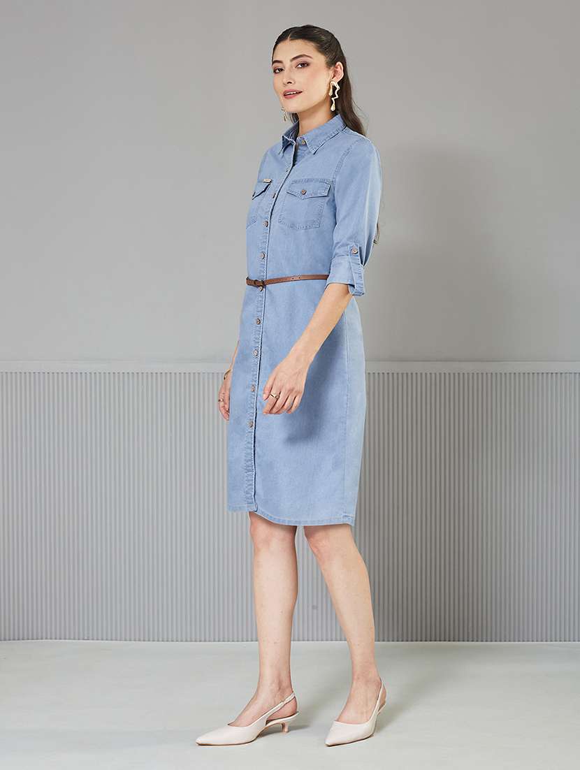women solid roll-up sleeve denim shirt dress - 22363895 -  Standard Image - 1