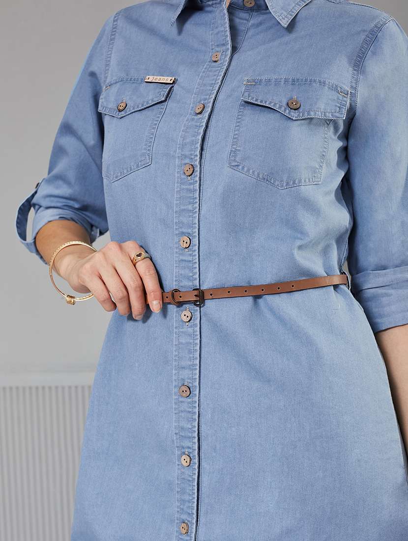 women solid roll-up sleeve denim shirt dress - 22363895 -  Standard Image - 4