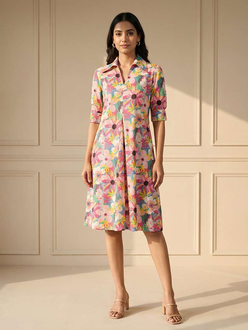 women floral print collared a-line dress