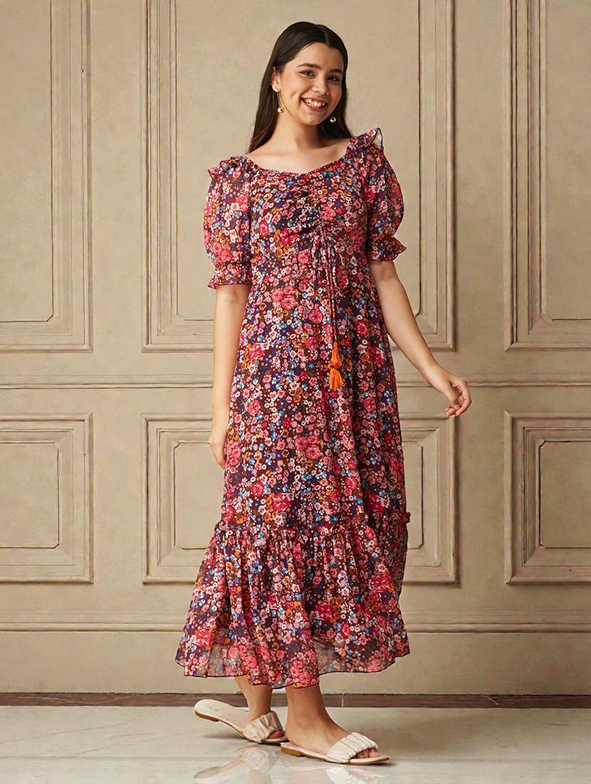 girls floral print puff sleeve tiered dress - 22363906 -  Standard Image - 1
