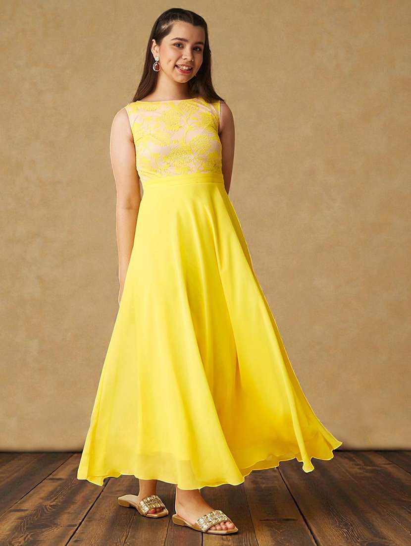 girls solid sleeveless lace fit & flare dress