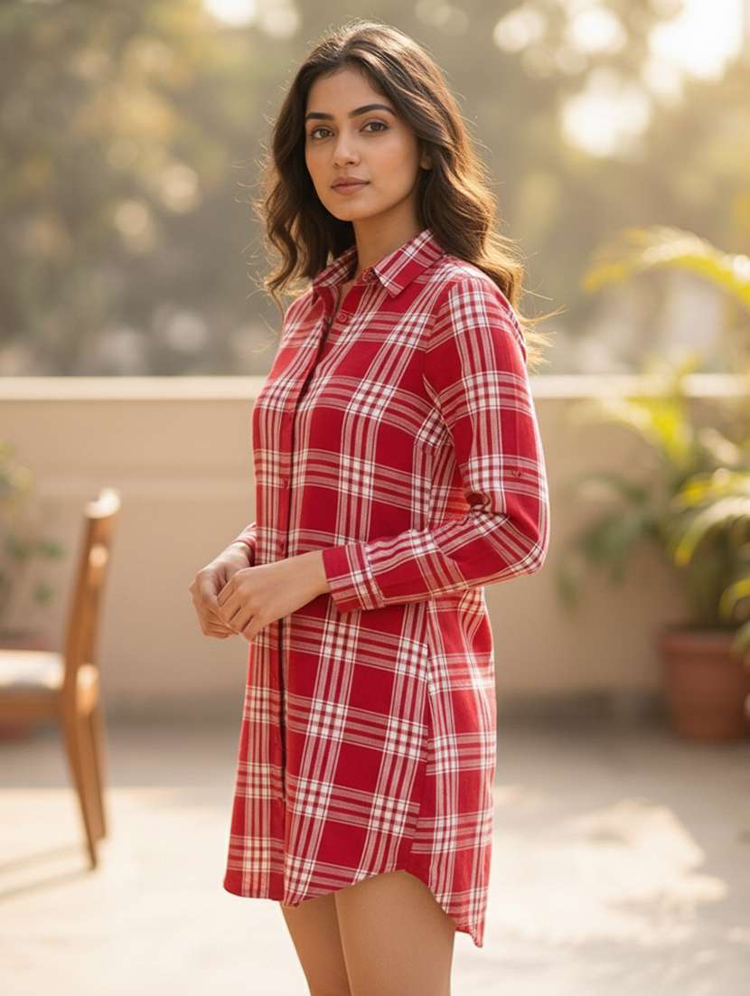 women checkered collared long sleeve shirt dress - 22363920 -  Standard Image - 1