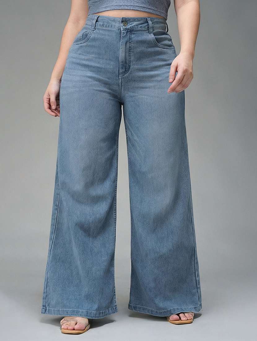 women solid high rise wide leg jean