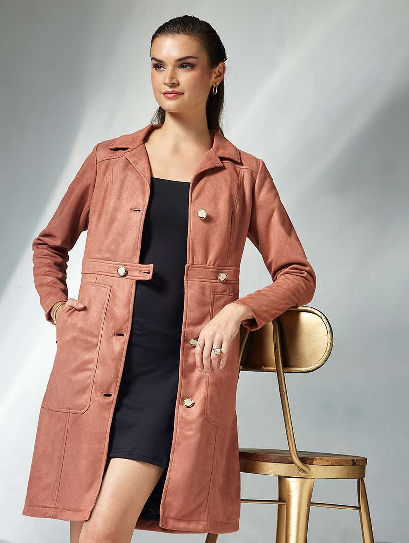 women solid long sleeves trench coat
