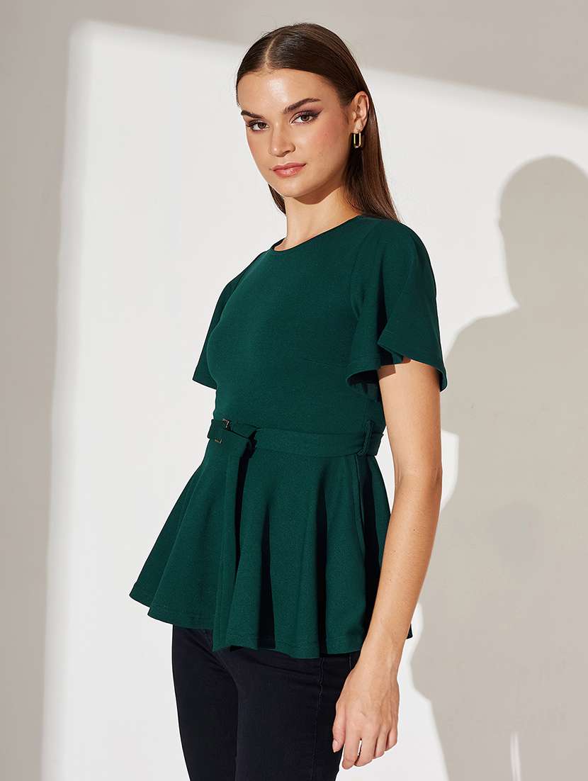 women solid flute sleeve peplum top - 22364106 -  Standard Image - 1