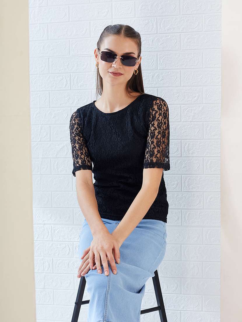 women solid short sleeve straight lace top - 22364111 -  Standard Image - 4