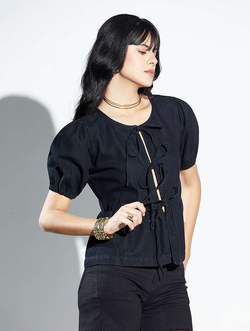 women solid puff sleeve denim peplum top - 22364114 -  Standard Image - 1