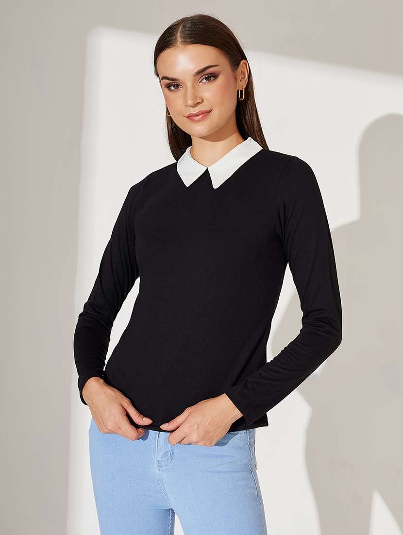 women solid long sleeve collared straight top