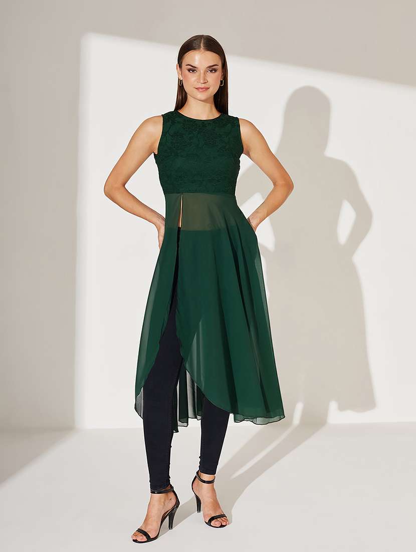 women solid sleeveless flared long top