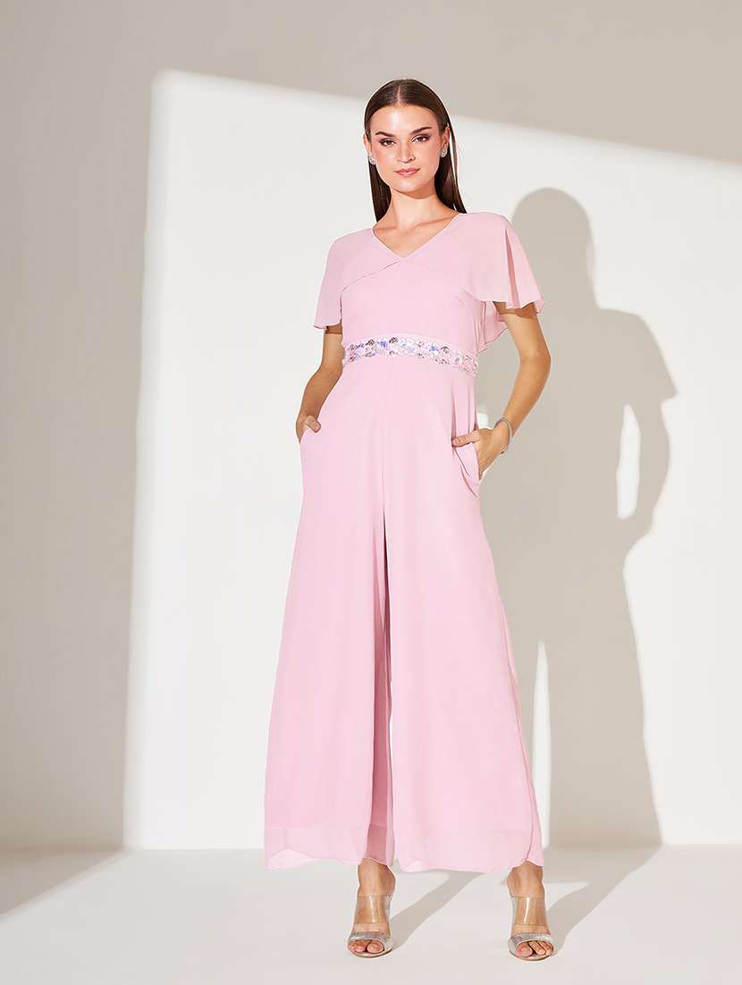 women solid flute sleeve jumpsuit