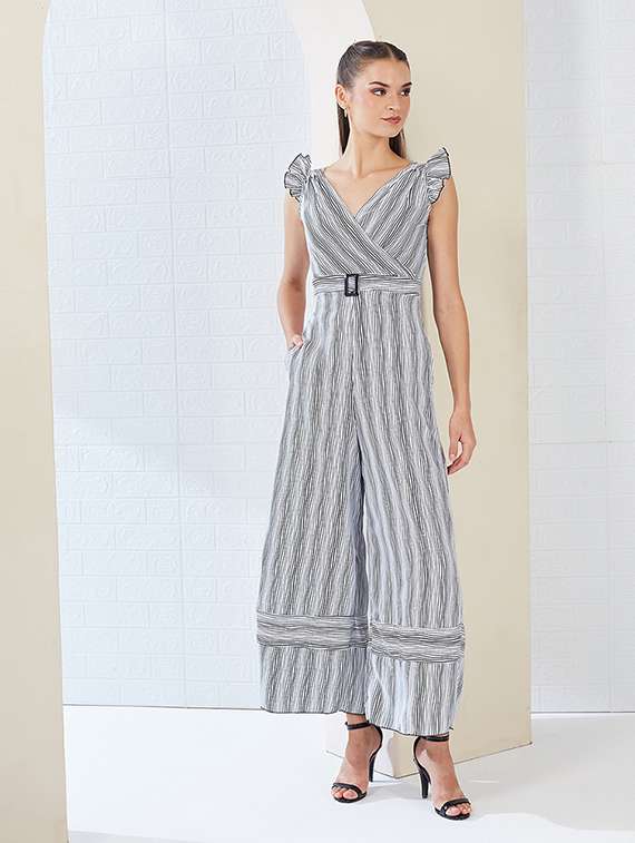 women striped sleeveless belted jumpsuit - 22364137 -  Standard Image - 1