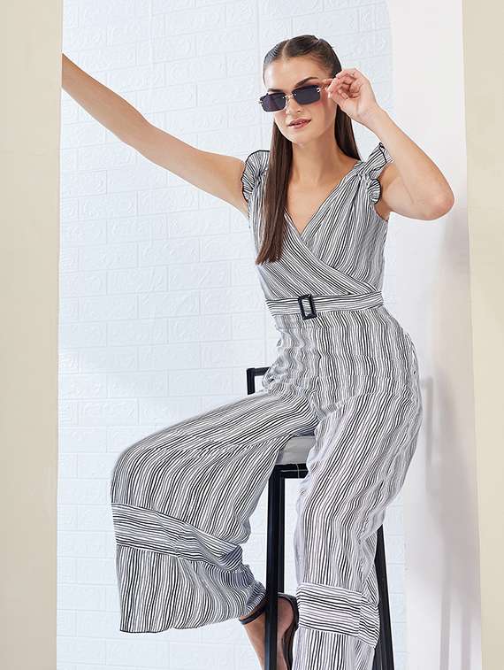women striped sleeveless belted jumpsuit - 22364137 -  Standard Image - 4