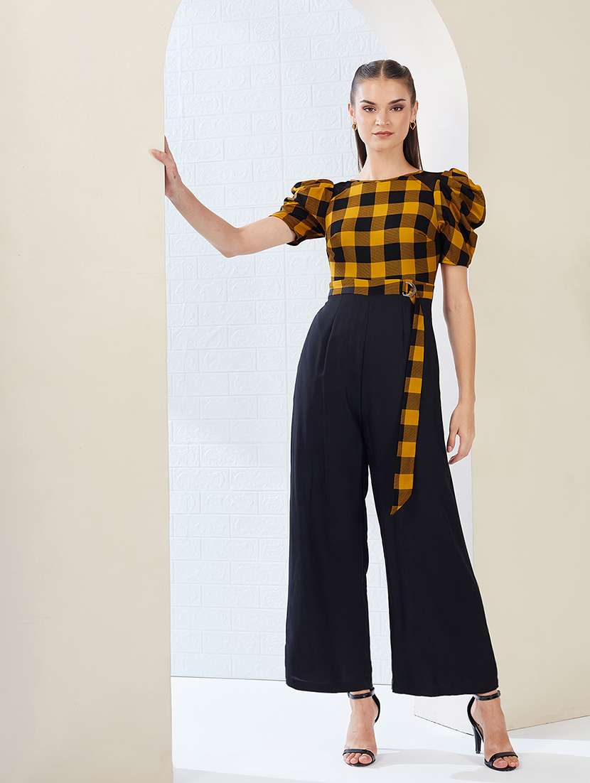 women checkered puff sleeve jumpsuit - 22364141 -  Standard Image - 1
