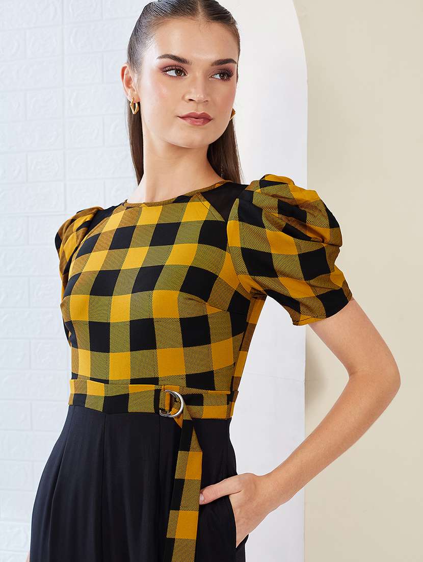 women checkered puff sleeve jumpsuit - 22364141 -  Standard Image - 4