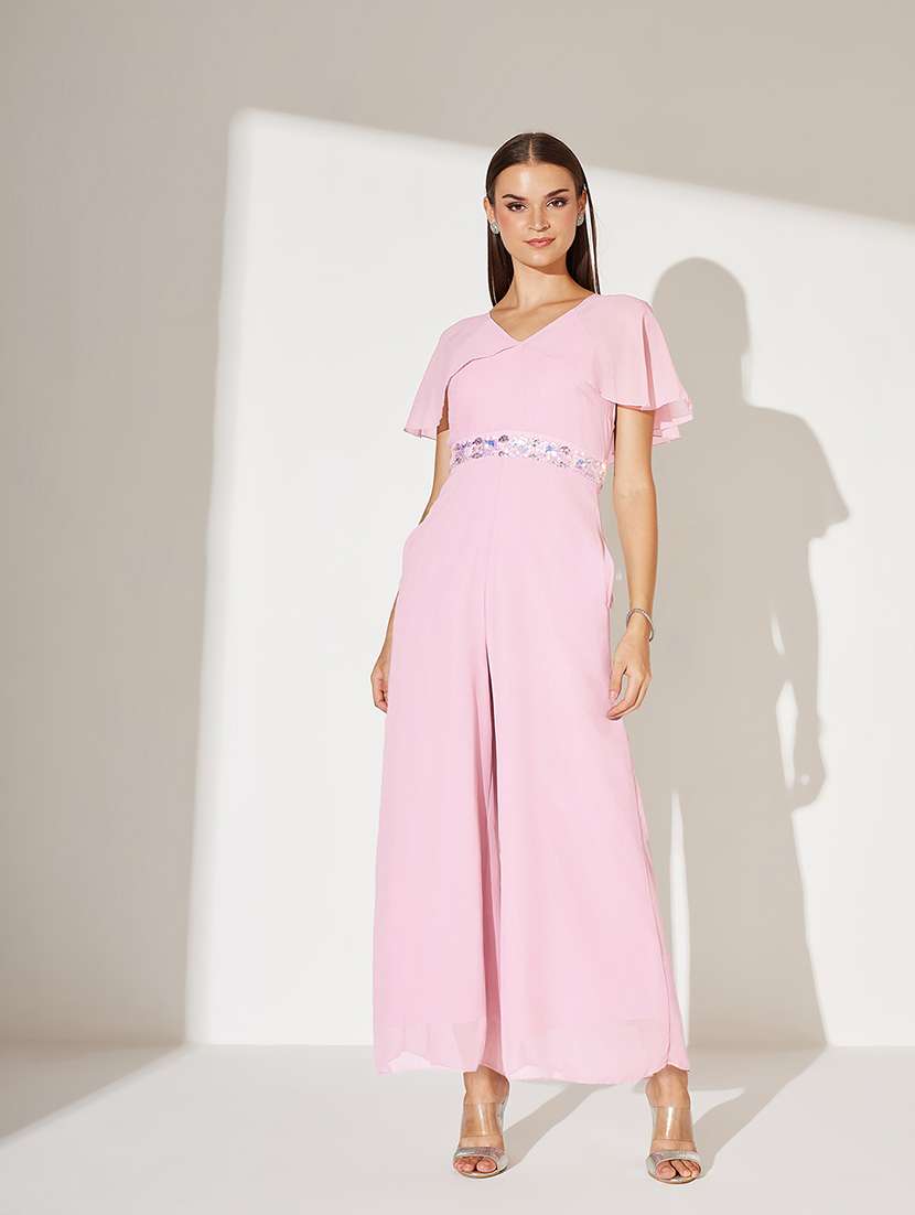women pink solid flute sleeve jumpsuit