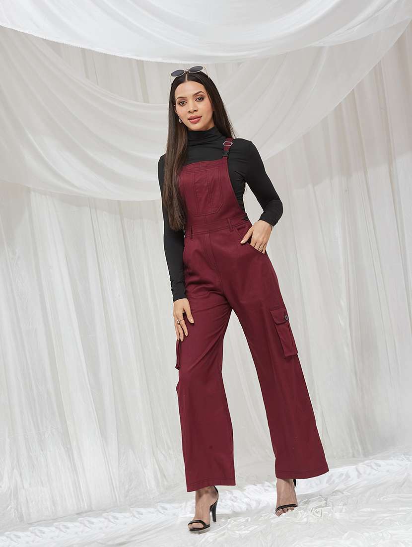 women solid adjustable strap dungaree