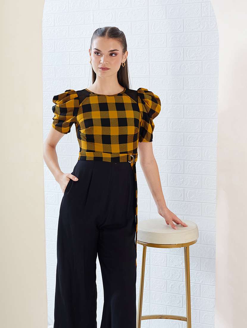 women checkered puff sleeve jumpsuit - 22364149 -  Standard Image - 4