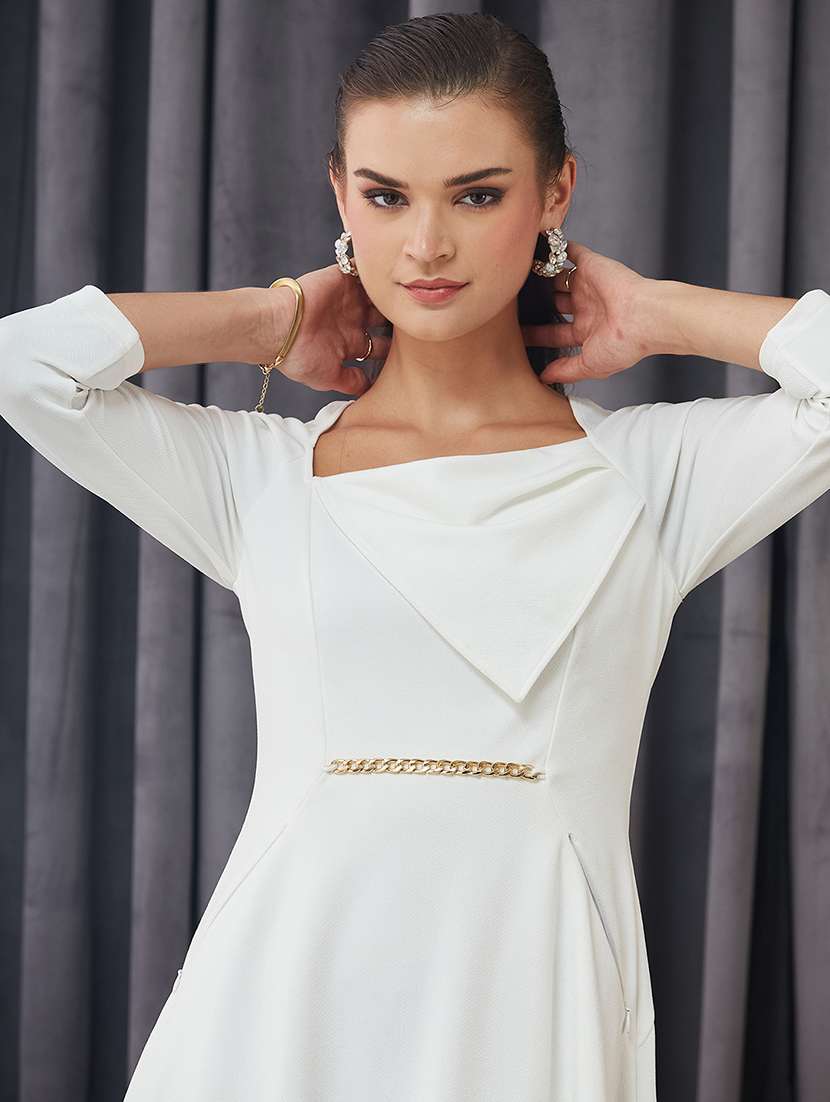 women solid three quarter sleeves fit and flare dress - 22364206 -  Standard Image - 1
