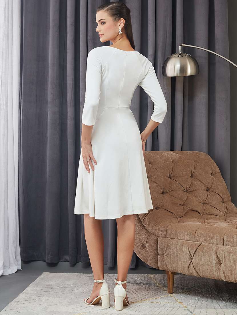 women solid three quarter sleeves fit and flare dress - 22364206 -  Standard Image - 4
