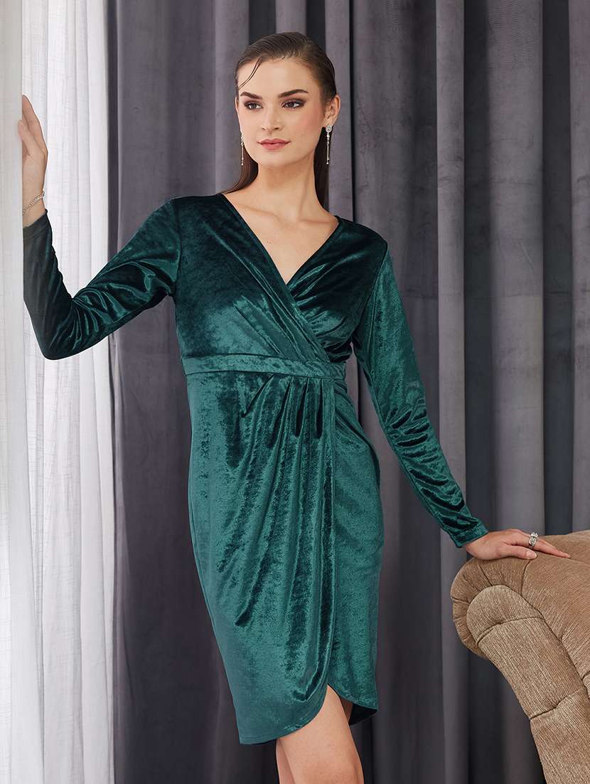 women solid long sleeve velvet wrap dress - 22364225 -  Standard Image - 4