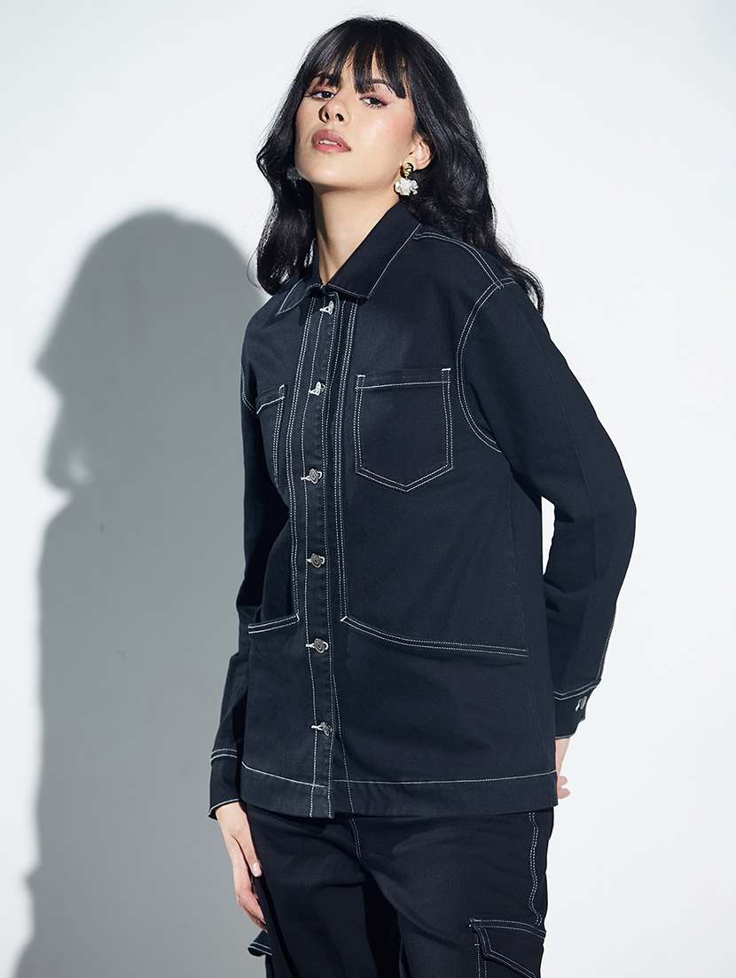 women solid collared long sleeve denim jacket - 22364243 -  Standard Image - 1