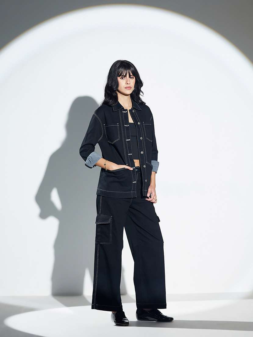 women solid collared long sleeve denim jacket - 22364243 -  Standard Image - 4