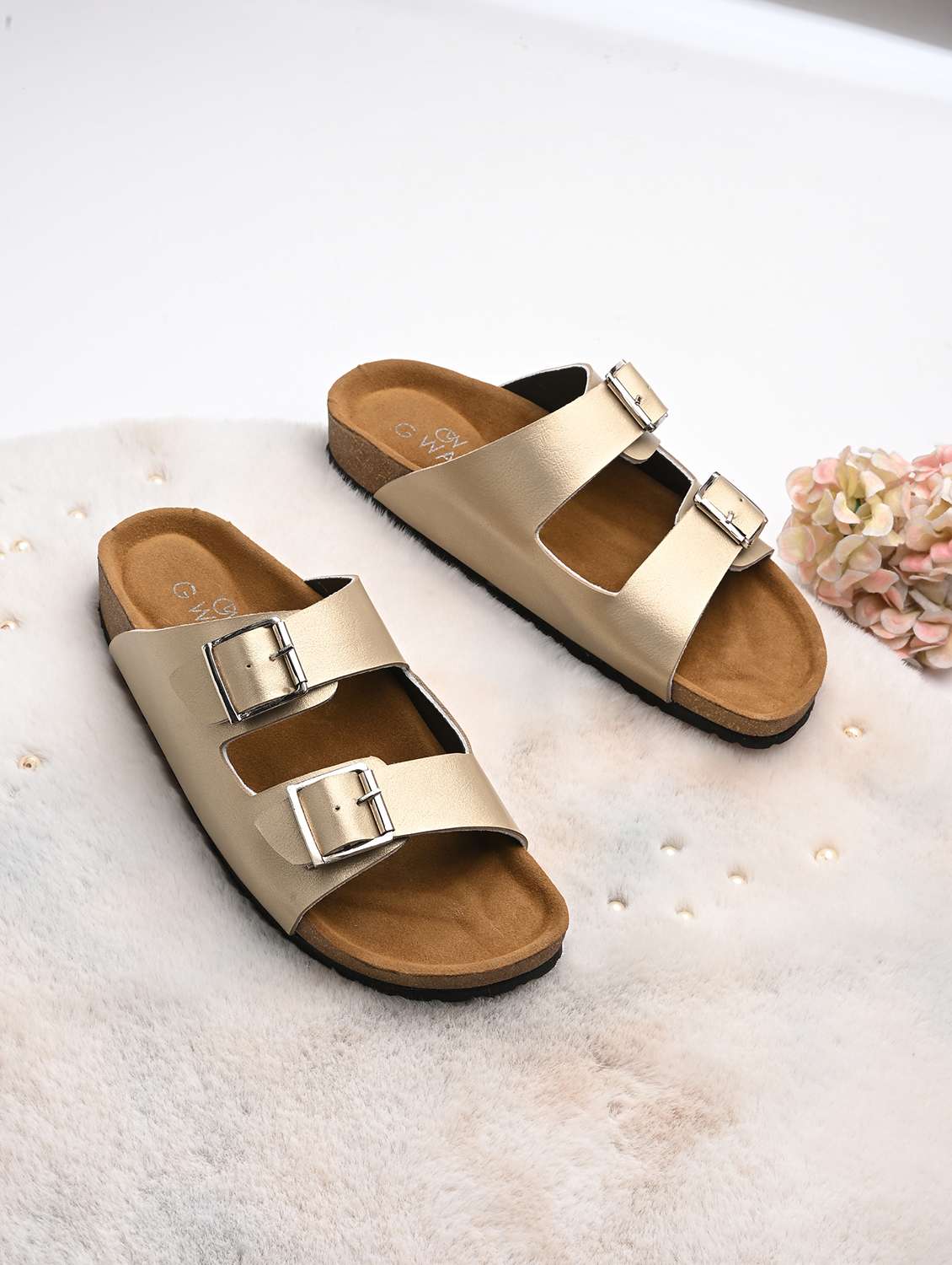 women gold slip on sandal