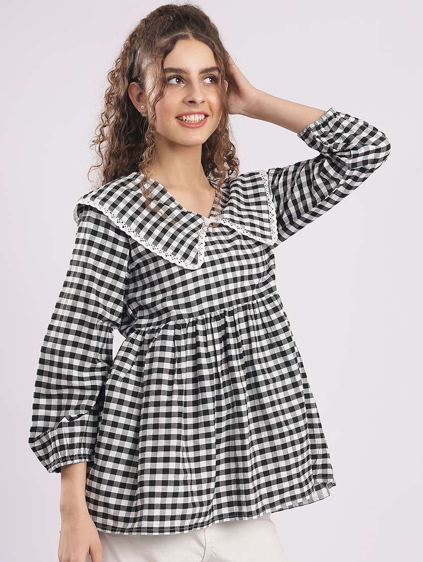 women checkered puff sleeve flared top - 22364412 -  Standard Image - 1
