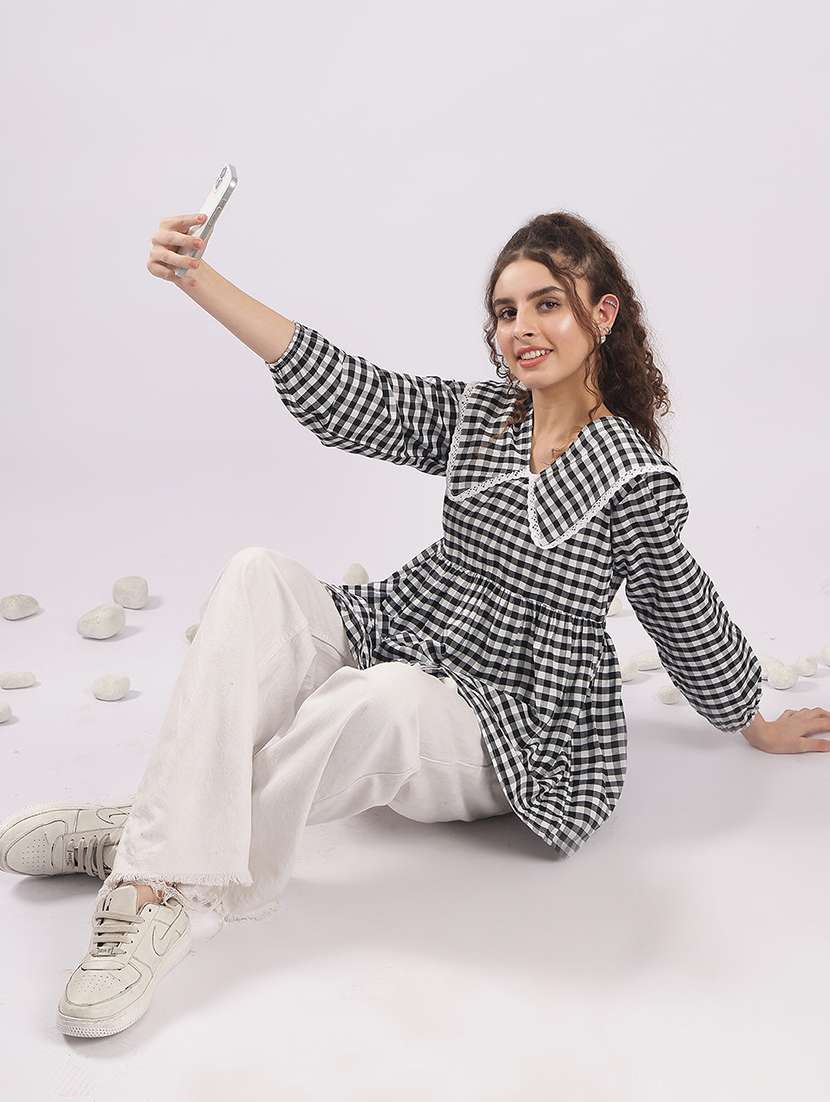 women checkered puff sleeve flared top - 22364412 -  Standard Image - 4