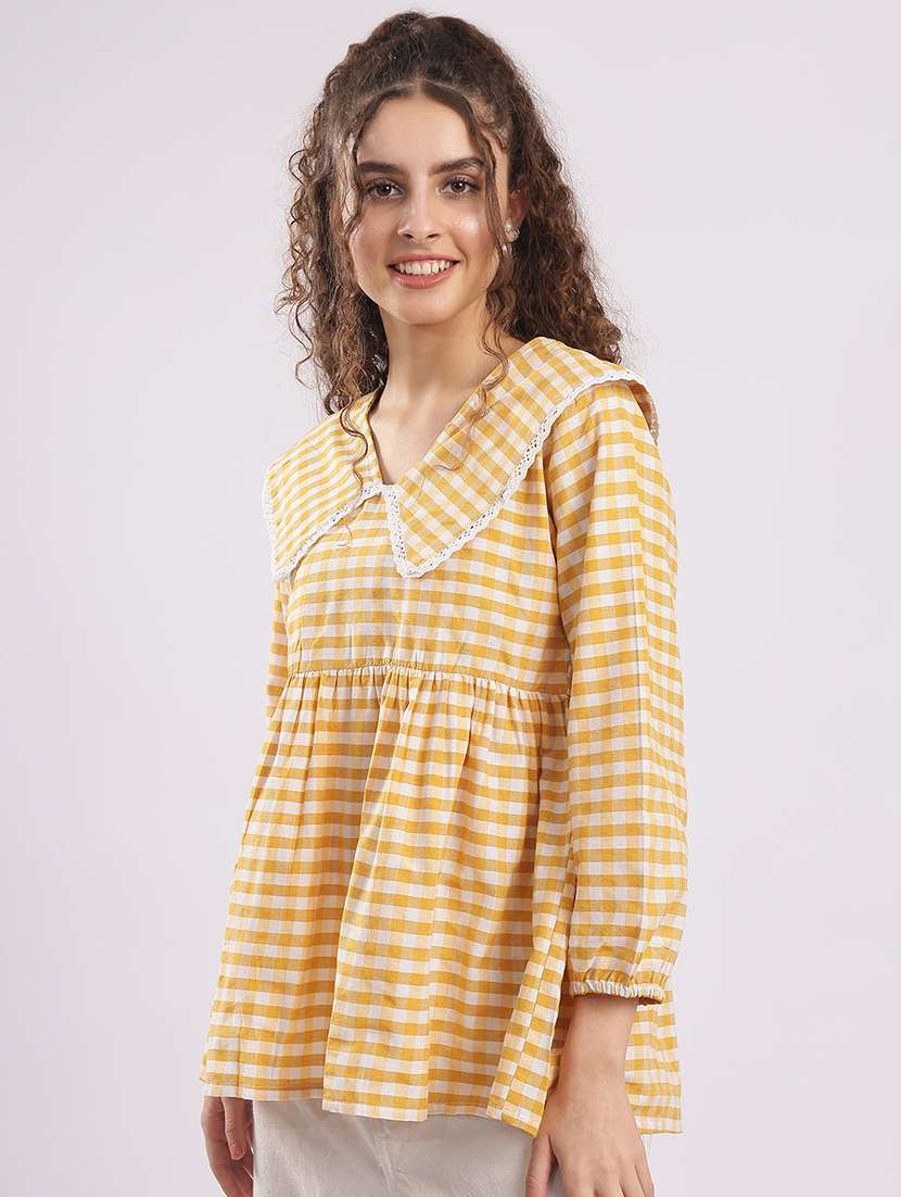 women checkered puff sleeve flared top - 22364414 -  Standard Image - 1