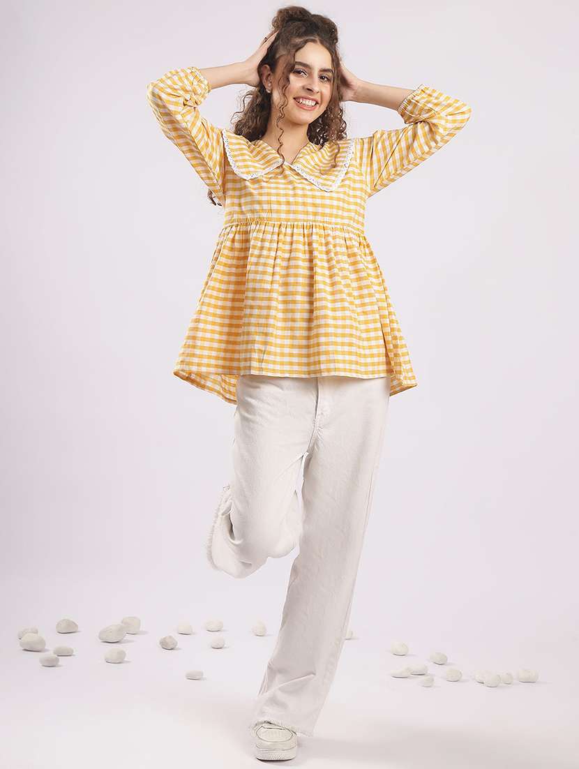 women checkered puff sleeve flared top - 22364414 -  Standard Image - 4