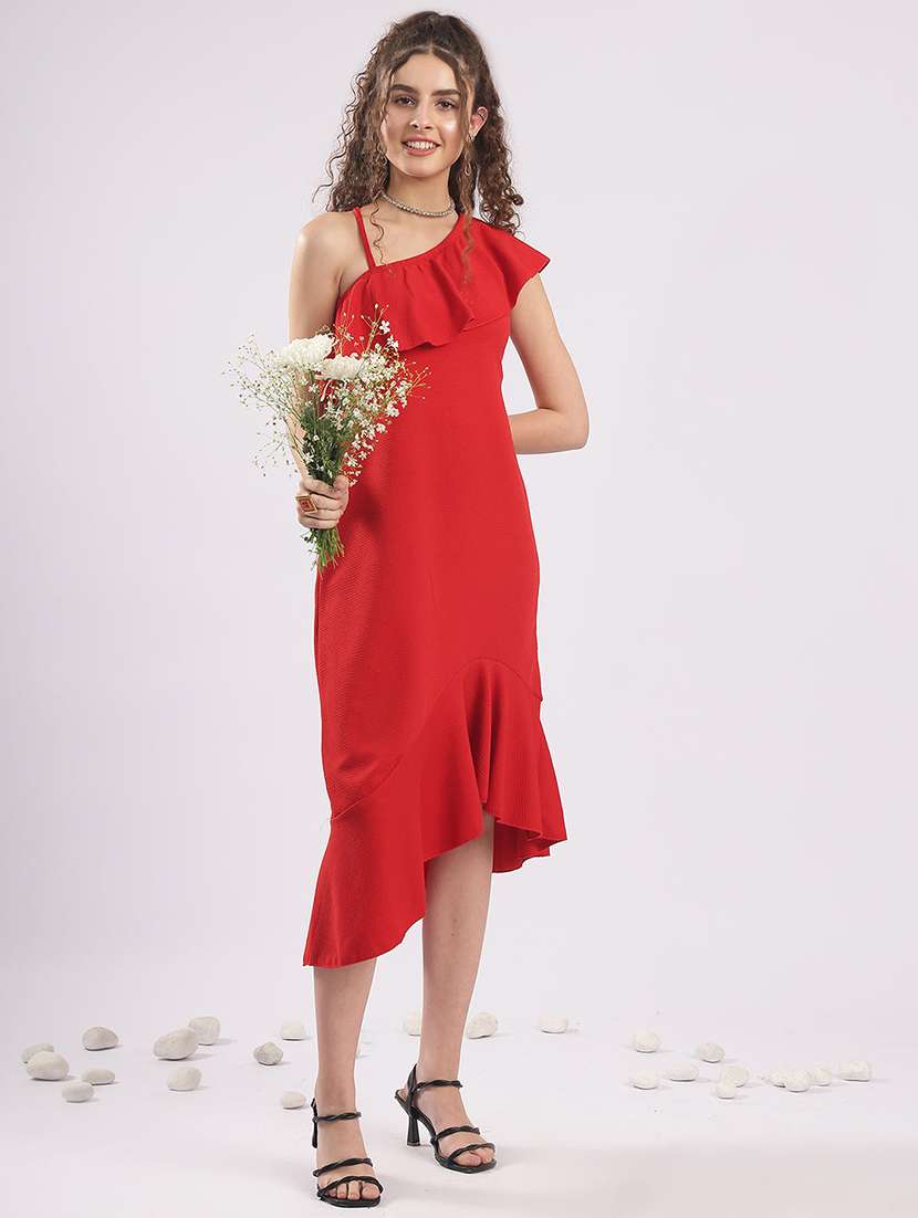 women solid single shoulder asymmetric dress 