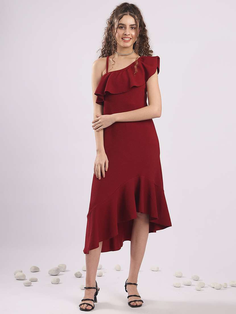 women solid single shoulder tiered dress - 22364445 -  Standard Image - 1