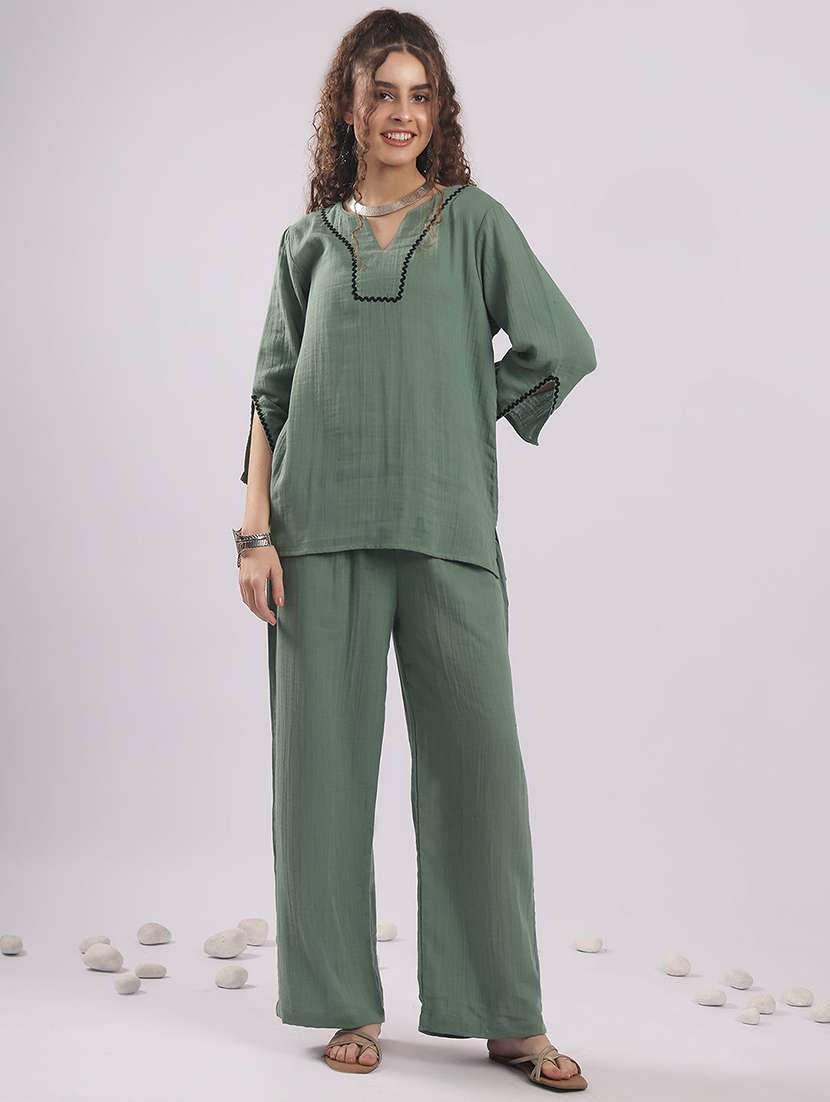 women solid top and trouser co-ord set - 22364471 -  Standard Image - 1