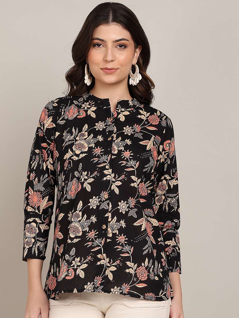 women floral print mandarin collar a-line top - 22364515 -  Standard Image - 1