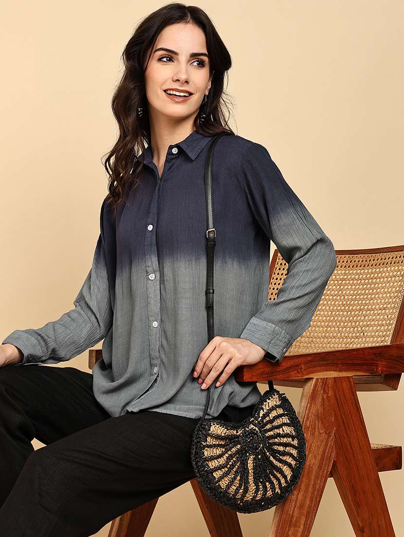 women tie & dye collared long sleeve shirt