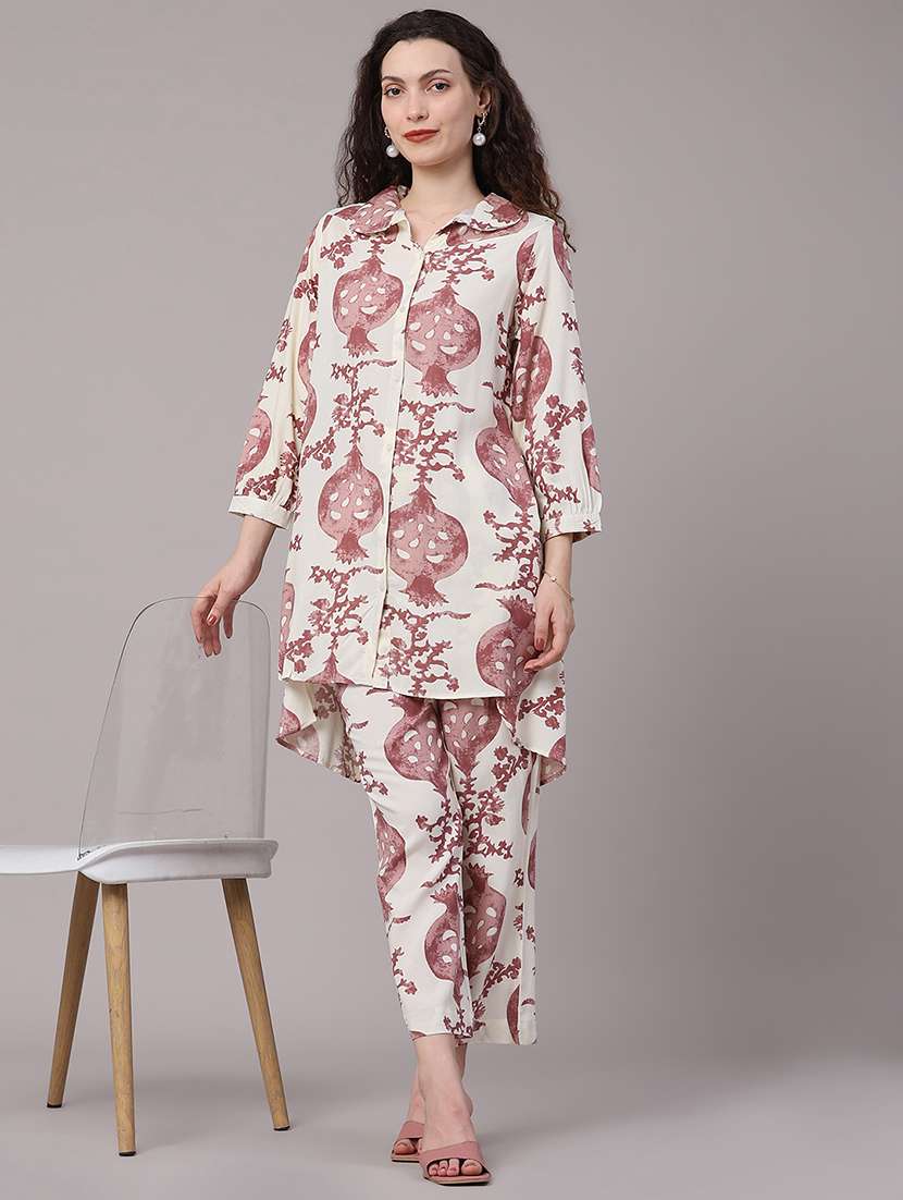 women printed collared ethnic co-ord set