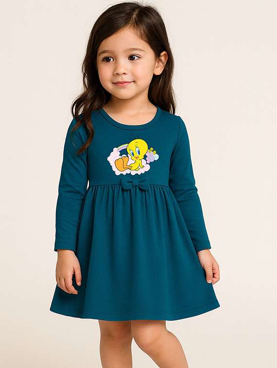 girls printed long sleeve fit & flared dress - 22368489 -  Standard Image - 1