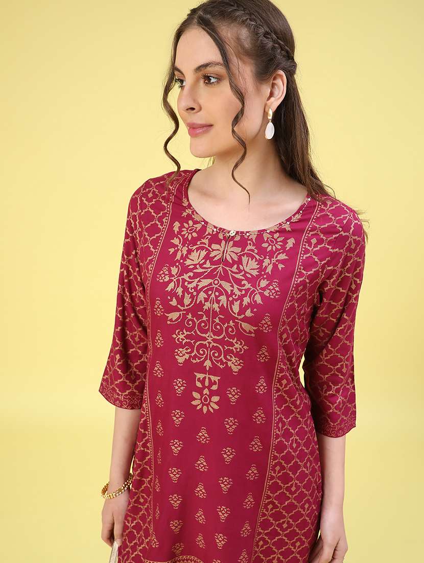 maroon rayon straight kurta - 22370909 -  Standard Image - 4