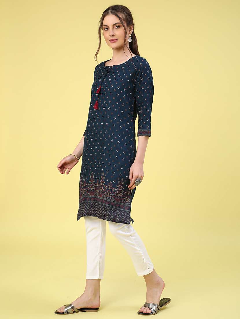 blue rayon straight kurta - 22370910 -  Standard Image - 4