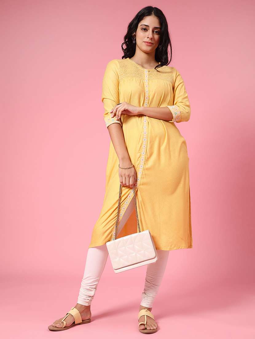 yellow cotton straight kurta - 22370913 -  Standard Image - 4
