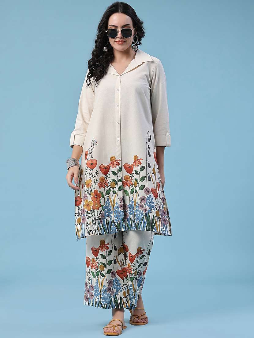 women printed collared ethnic co-ord set