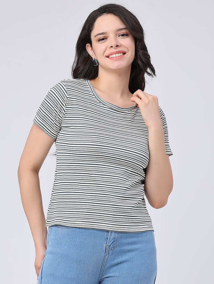 striped polyester round neck short sleeves casual t-shirt