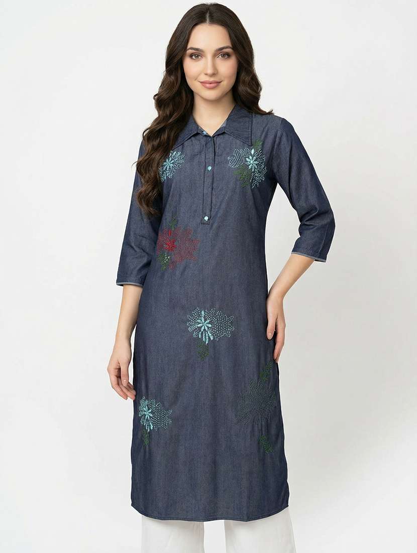 women solid with work three quarter sleeve straight kurta - 22373338 -  Standard Image - 4