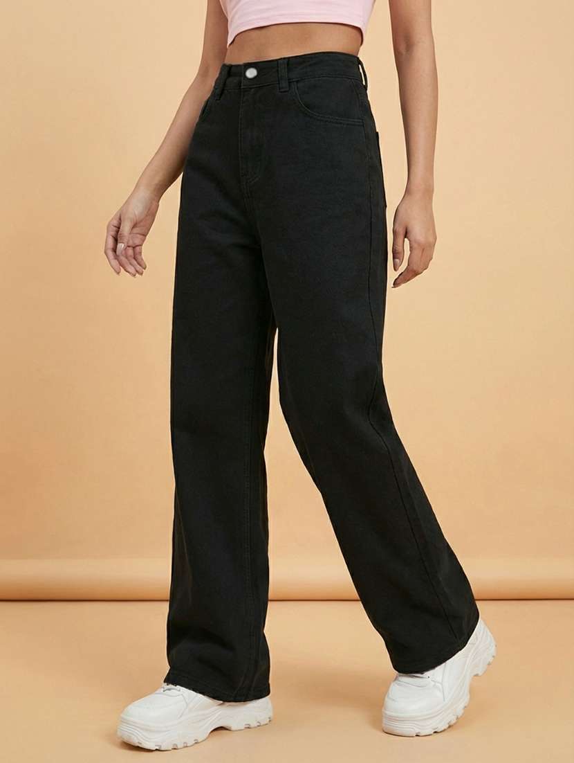 women solid high rise straight jeans