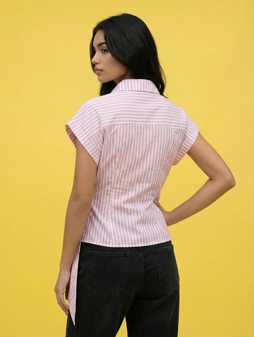 women solid collared short sleeve wrap shirt - 22373350 -  Standard Image - 1