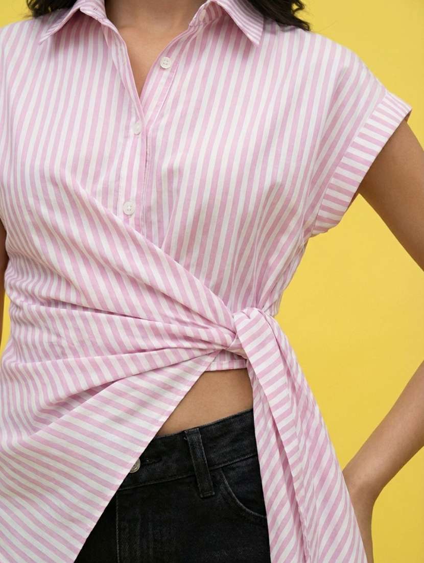 women solid collared short sleeve wrap shirt - 22373350 -  Standard Image - 4